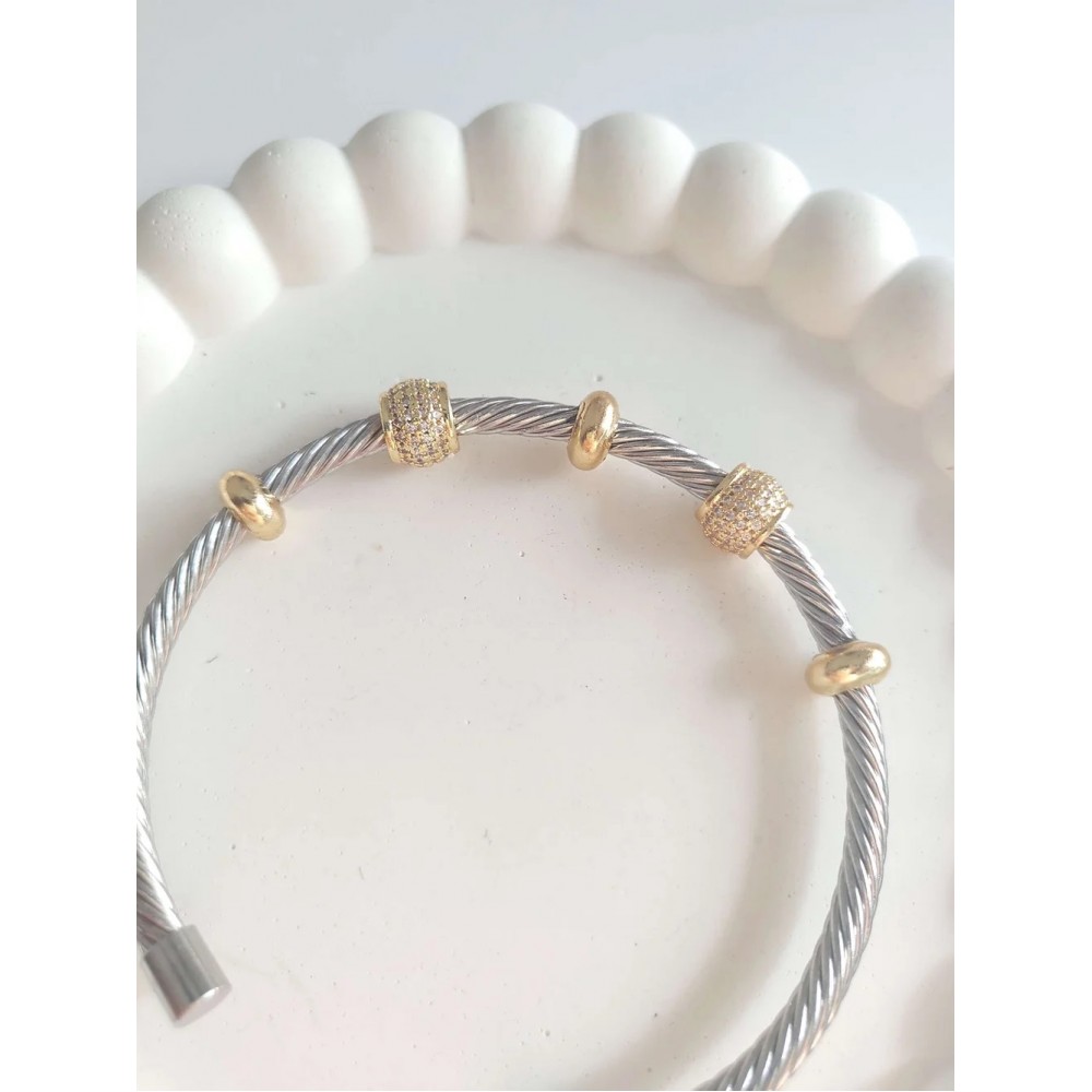 Çelik Gümüş Taşlı Kadın Kelepçe Bileklik