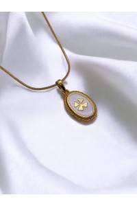 Handmade Pirinç Üzeri Altın Kaplama Oval Yonca Plaka Kadın Kolye -CloverLuck