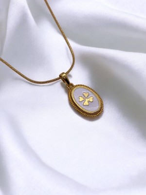 Handmade Pirinç Üzeri Altın Kaplama Oval Yonca Plaka Kadın Kolye -CloverLuck
