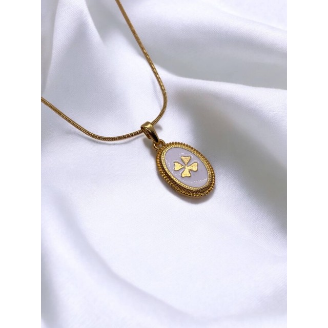 Handmade Pirinç Üzeri Altın Kaplama Oval Yonca Plaka Kadın Kolye -CloverLuck