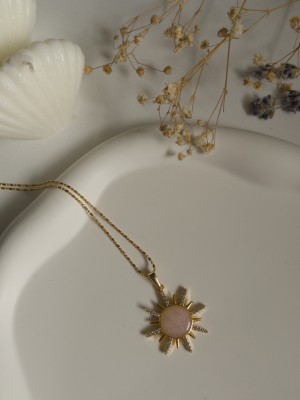 Handmade Pirinç Üzeri Altın Kaplama Güneş Şeklinde Pembe Kadın Kolye - Sunrise - Pink