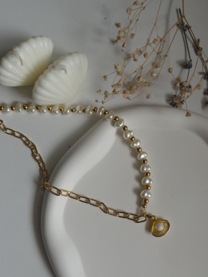 Handmade Pirinç Üzeri Altın Kaplama Incili Istiridye Kadın Kolye - Golden Pearl