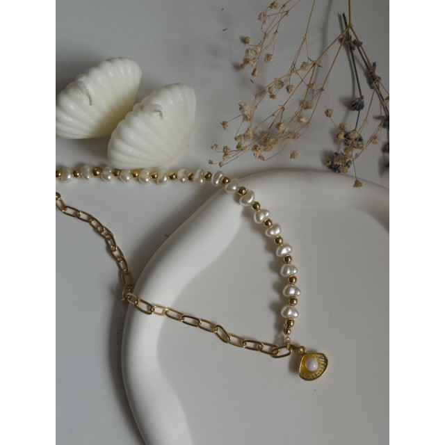 Handmade Pirinç Üzeri Altın Kaplama Incili Istiridye Kadın Kolye - Golden Pearl