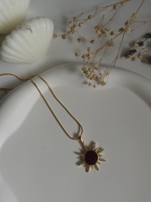 Handmade Pirinç Üzeri Altın Kaplama Güneş Şeklinde Kahverengi Kadın Kolye