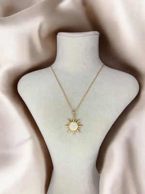 Handmade Pirinç Üzeri Altın Kaplama Güneş Şeklinde Beyaz Kadın Kolye