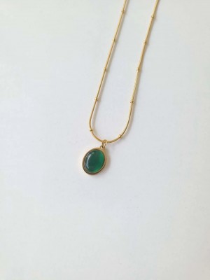 Çelik Gold Yeşil Taşlı Kadın Kolye - Emerald Sevgiliye Hediye