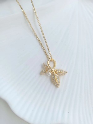 Çelik Gold İncili Yaprak Kadın Kolye