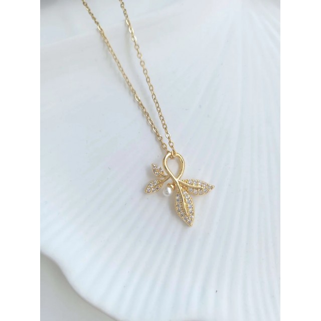 Çelik Gold İncili Yaprak Kadın Kolye