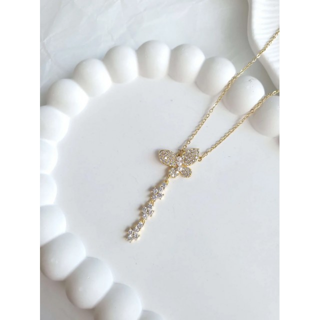 Çelik Gold İnci Detaylı Kelebek Kadın Kolye