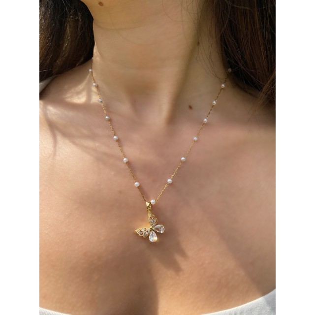 Çelik Gold Kelebek Figürlü Boncuklu Zincir Kolye