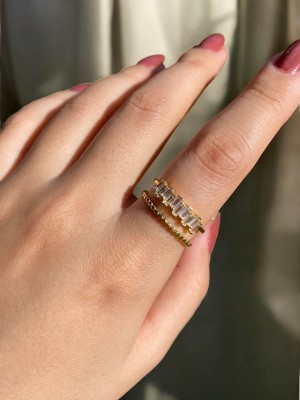 İki Sıra Taşlı Gold Kadın Zarif Yüzük