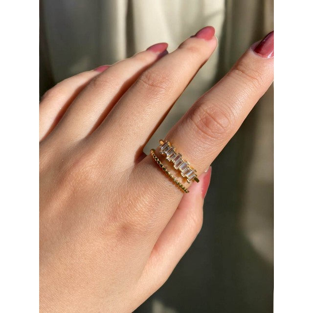 İki Sıra Taşlı Gold Kadın Zarif Yüzük