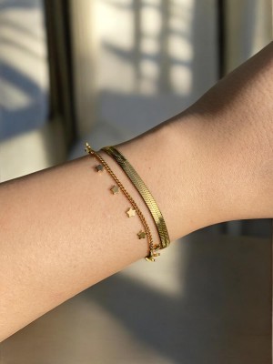 Yıldız Detaylı İtalyan Zincirli Çift Sıra Kadın Bileklik