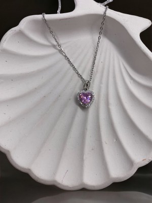 Pembe Kalp Detaylı Silver Kolye