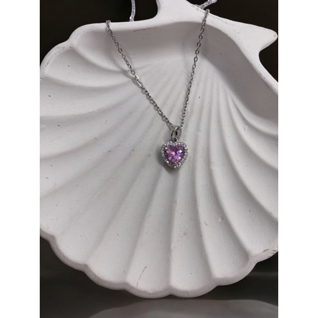 Pembe Kalp Detaylı Silver Kolye