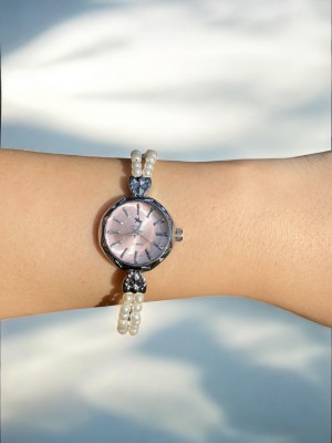 Yuvarlak Pembe Kadranlı Gümüş İnci Kordonlu Kadın Vintage Saat-8