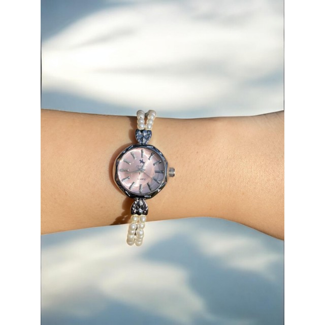 Yuvarlak Pembe Kadranlı Gümüş İnci Kordonlu Kadın Vintage Saat-8