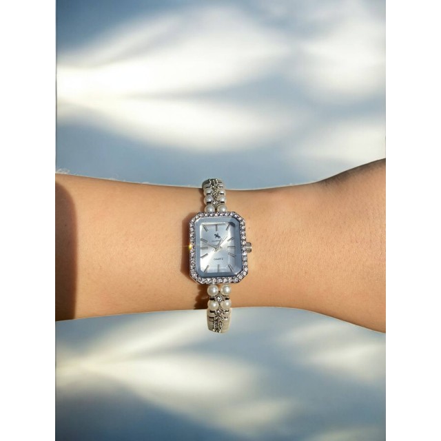 Dikdörtgen Kadranlı Gümüş İnci Kordonlu Kadın Vintage Saat-9