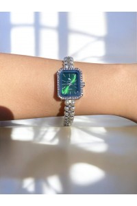 Dikdörtgen Zümrüt Yeşili Kadranlı Gümüş İnci Kordonlu Kadın Vintage Saat-10