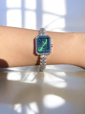 Dikdörtgen Zümrüt Yeşili Kadranlı Gümüş İnci Kordonlu Kadın Vintage Saat-10