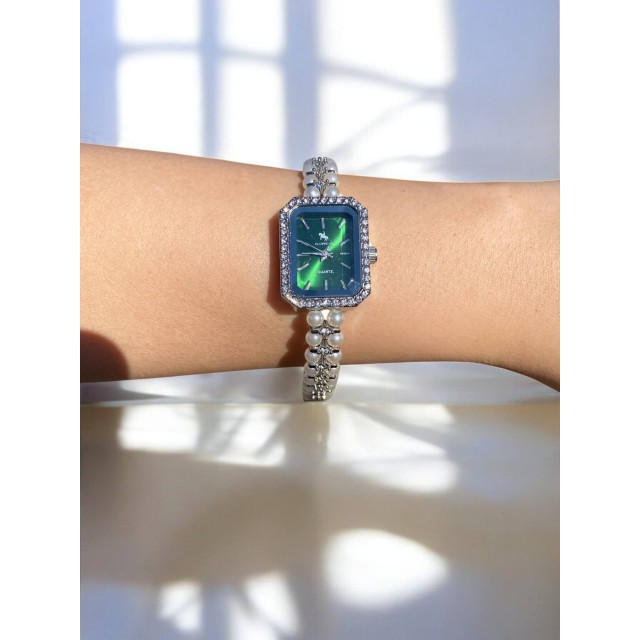 Dikdörtgen Zümrüt Yeşili Kadranlı Gümüş İnci Kordonlu Kadın Vintage Saat-10 Dikdörtgen Zümrüt Yeşili Kadranlı Gümüş İnci Kordonlu Kadın Vintage Saat-10