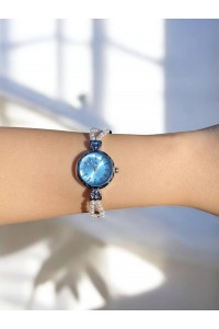 Yuvarlak Mavi Kadranlı Gümüş İnci Kordonlu Kadın Vintage Saat-14