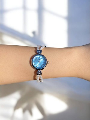 Yuvarlak Mavi Kadranlı Gümüş İnci Kordonlu Kadın Vintage Saat-14