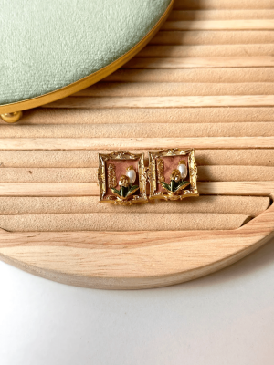 Pembe Çiçek Desenli Tablo Küpe Vintage