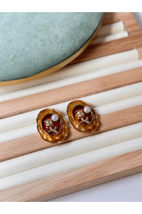 Bordo Çiçek Desenli Tablo Küpe Vintage