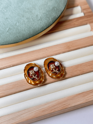 Bordo Çiçek Desenli Tablo Küpe Vintage