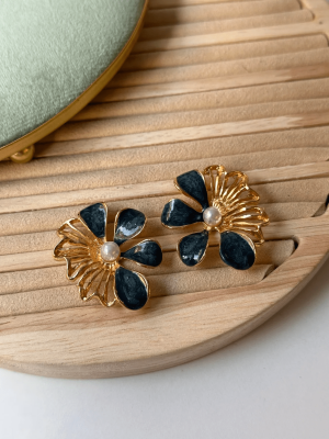 Vintage Gold - Mavi Çiçek Küpe