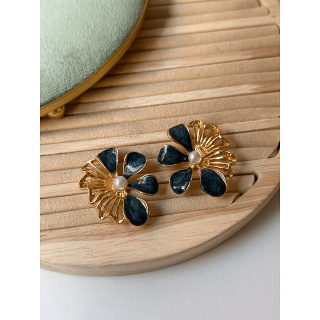 Vintage Gold - Mavi Çiçek Küpe