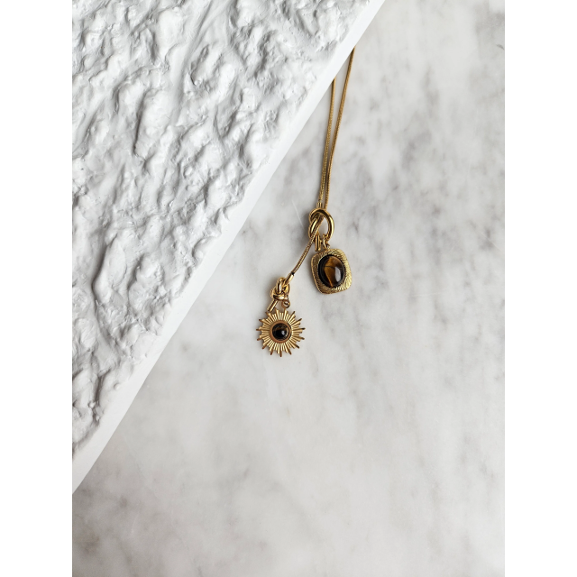 Çelik Doğal Taşlı Gold Charm Kolye