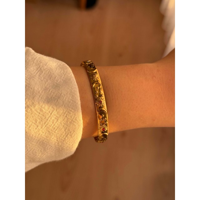 Renkli Taşlı Güneş ve Ay Motif Çelik Bileklik