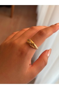 Beyaz Taşlı Yıldız Motifli Çelik Gold Ayarlanabilir Kalın Yüzük