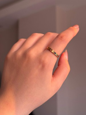 Renkli Taşlı Kuzey Yıldızı Motifli Çelik Gold Yüzük