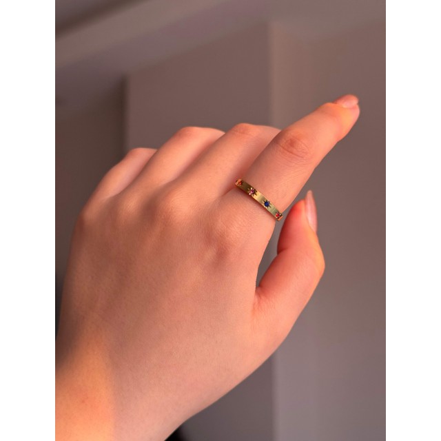 Renkli Taşlı Kuzey Yıldızı Motifli Çelik Gold Yüzük