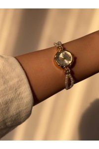 Yuvarlak Beyaz Kadranlı Altın İnci Kordonlu Kadın Vintage Saat- 27