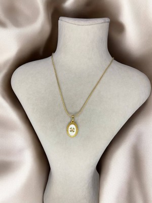 Handmade Pirinç Üzeri Altın Kaplama Oval Yonca Plaka Kadın Kolye -CloverLuck