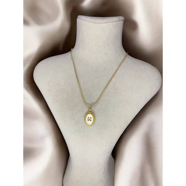 Handmade Pirinç Üzeri Altın Kaplama Oval Yonca Plaka Kadın Kolye -CloverLuck