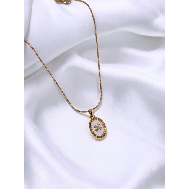 Handmade Pirinç Üzeri Altın Kaplama Oval Yonca Plaka Kadın Kolye -CloverLuck