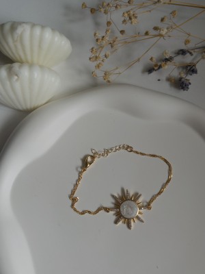 Handmade Pirinç Üzeri Altın Kaplama Güneş Beyaz Bileklik - Sunrise - White