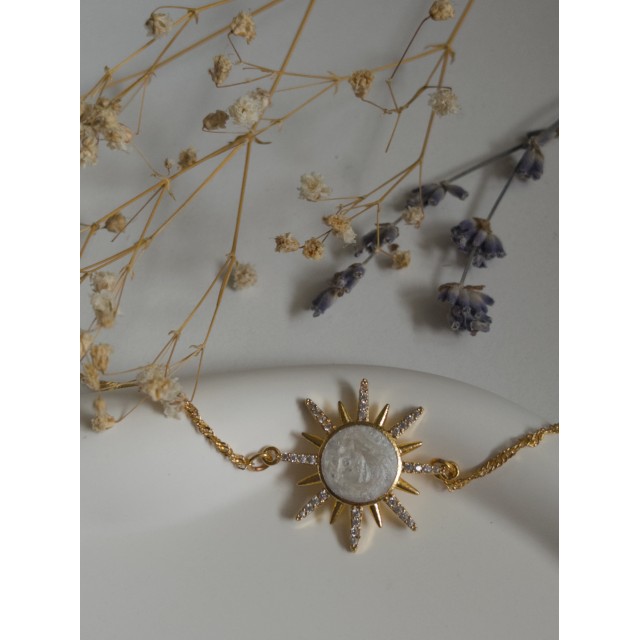 Handmade Pirinç Üzeri Altın Kaplama Güneş Beyaz Bileklik - Sunrise - White