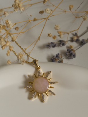 Handmade Pirinç Üzeri Altın Kaplama Güneş Şeklinde Pembe Kadın Kolye - Sunrise - Pink