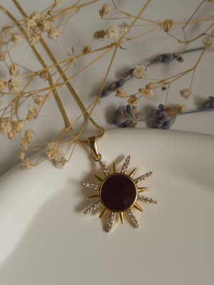 Handmade Pirinç Üzeri Altın Kaplama Güneş Şeklinde Kahverengi Kadın Kolye