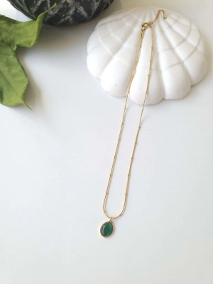 Çelik Gold Yeşil Taşlı Kadın Kolye - Emerald Sevgiliye Hediye