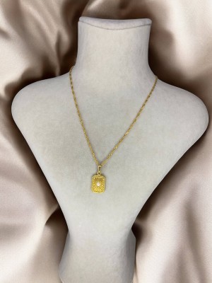 Handmade Pirinç Üzeri Altın Kaplama Dikdörtgen Plaka Kadın Kolye- Luminous