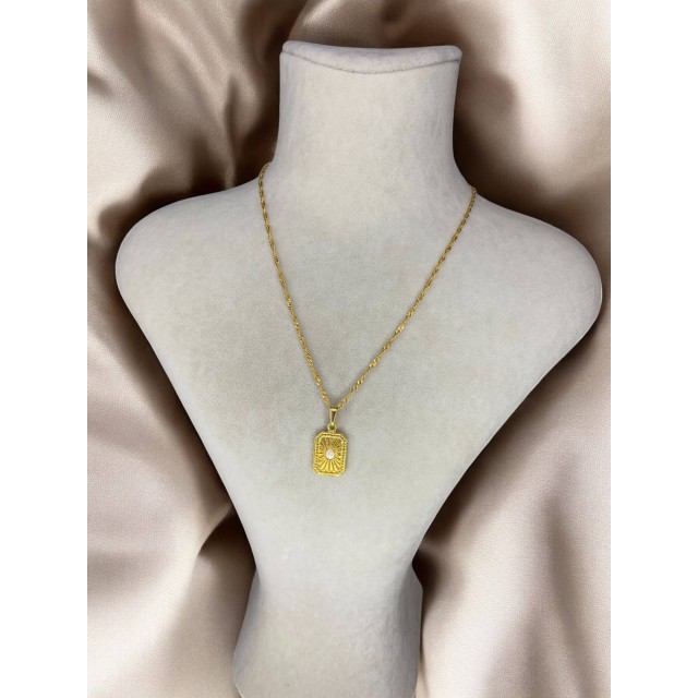 Handmade Pirinç Üzeri Altın Kaplama Dikdörtgen Plaka Kadın Kolye- Luminous