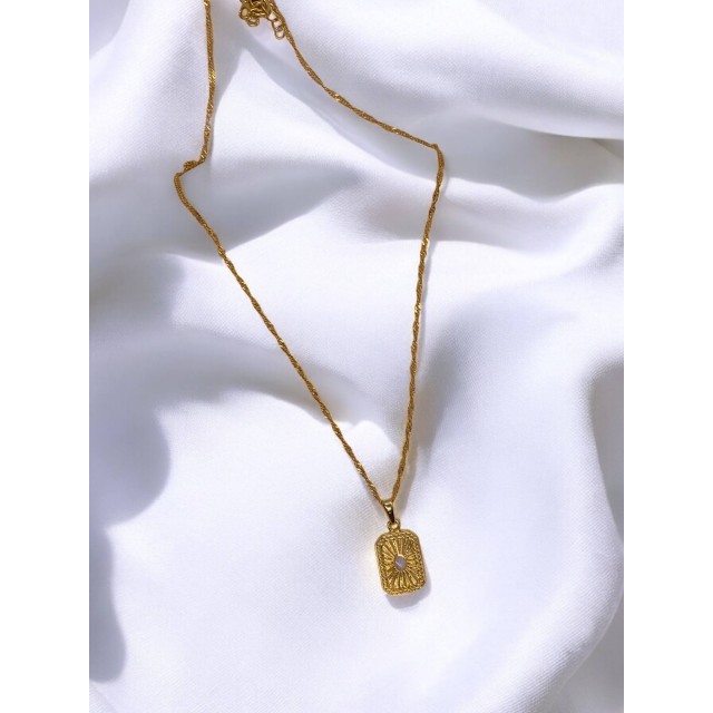 Handmade Pirinç Üzeri Altın Kaplama Dikdörtgen Plaka Kadın Kolye- Luminous