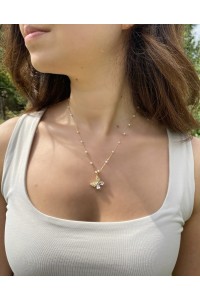 Çelik Gold Kelebek Figürlü Boncuklu Zincir Kolye